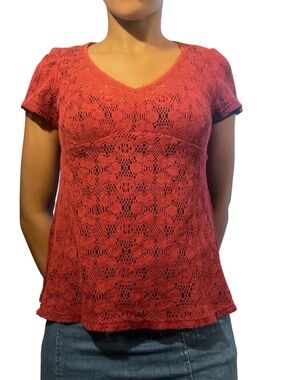 Lace V-Neck Short Sleeve Top - Burgundy -